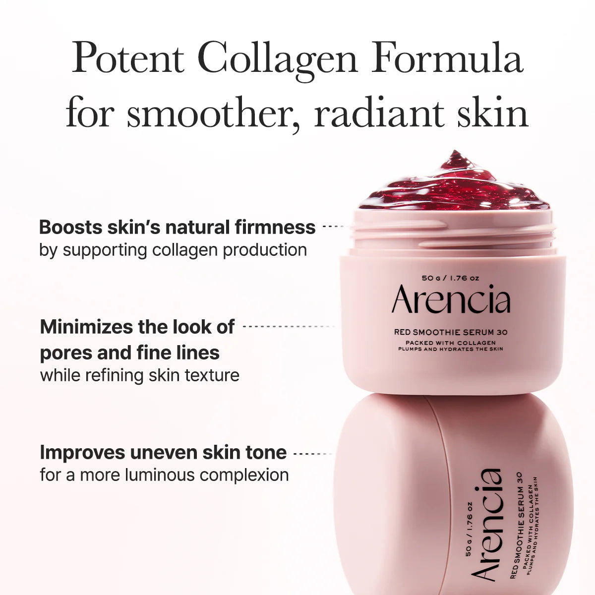 Arencia skincare serum jar with text highlighting benefits on a white background