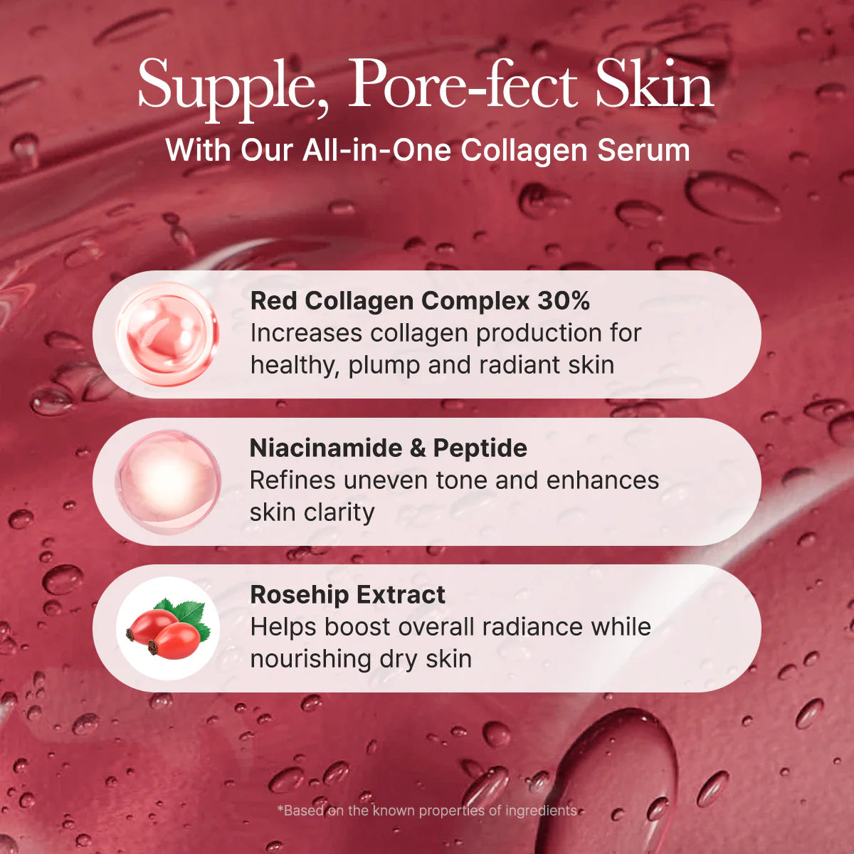 Collagen serum advertisement with text on a red background
