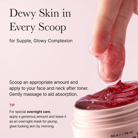 Cosmetic product with pink gel being scooped out, labeled 'Dewy Skin in Every Scoop' on a light pink background.
