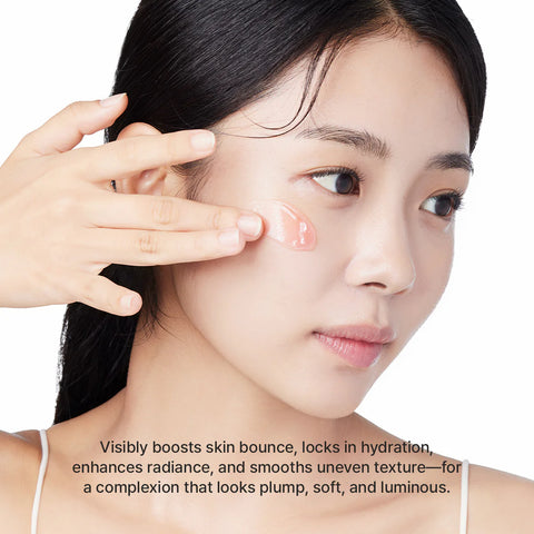 Woman applying arencia skincare product to her face with text about product benefits.