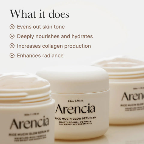 Arencia rice mucin glow serum jars with text detailing product benefits on a light background
