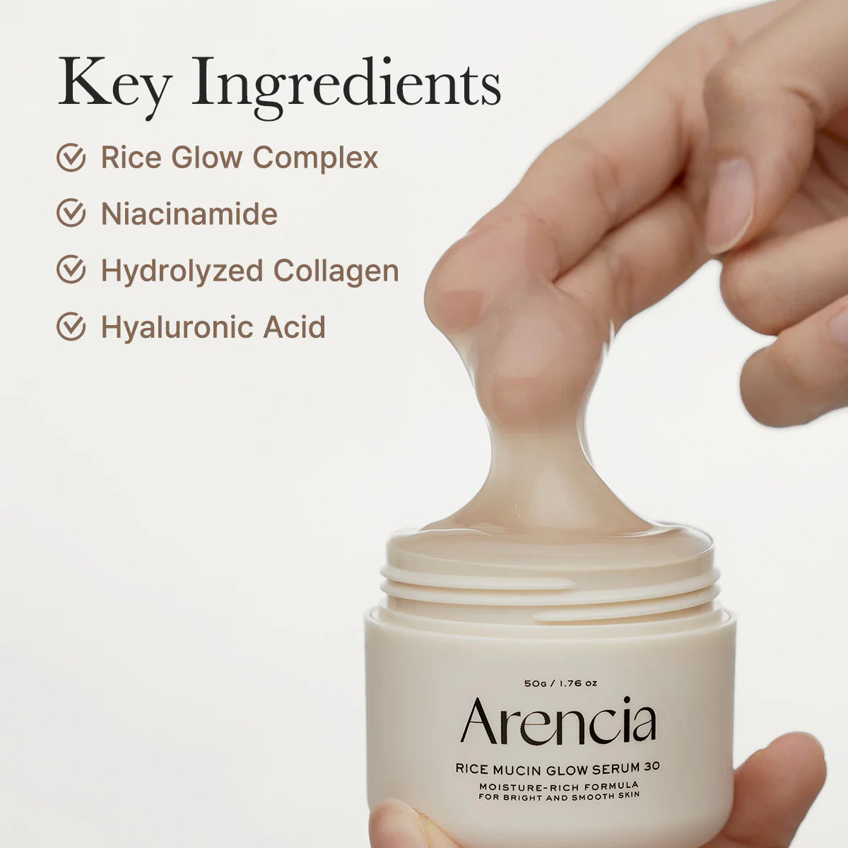 Arencia rice mucin glow serum with key ingredients listed on a white background