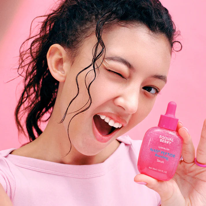 Minimalist aesthetic image of EQQUALBERRY NAD+ Peptide Boosting Serum on a bathroom shelf.