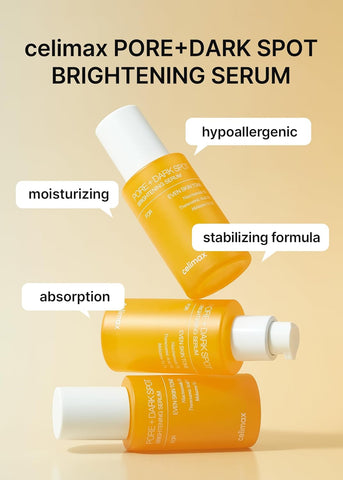 Celimax PORE+DARK SPOT BRIGHTENING SERUM bottles with text highlighting features on a beige background