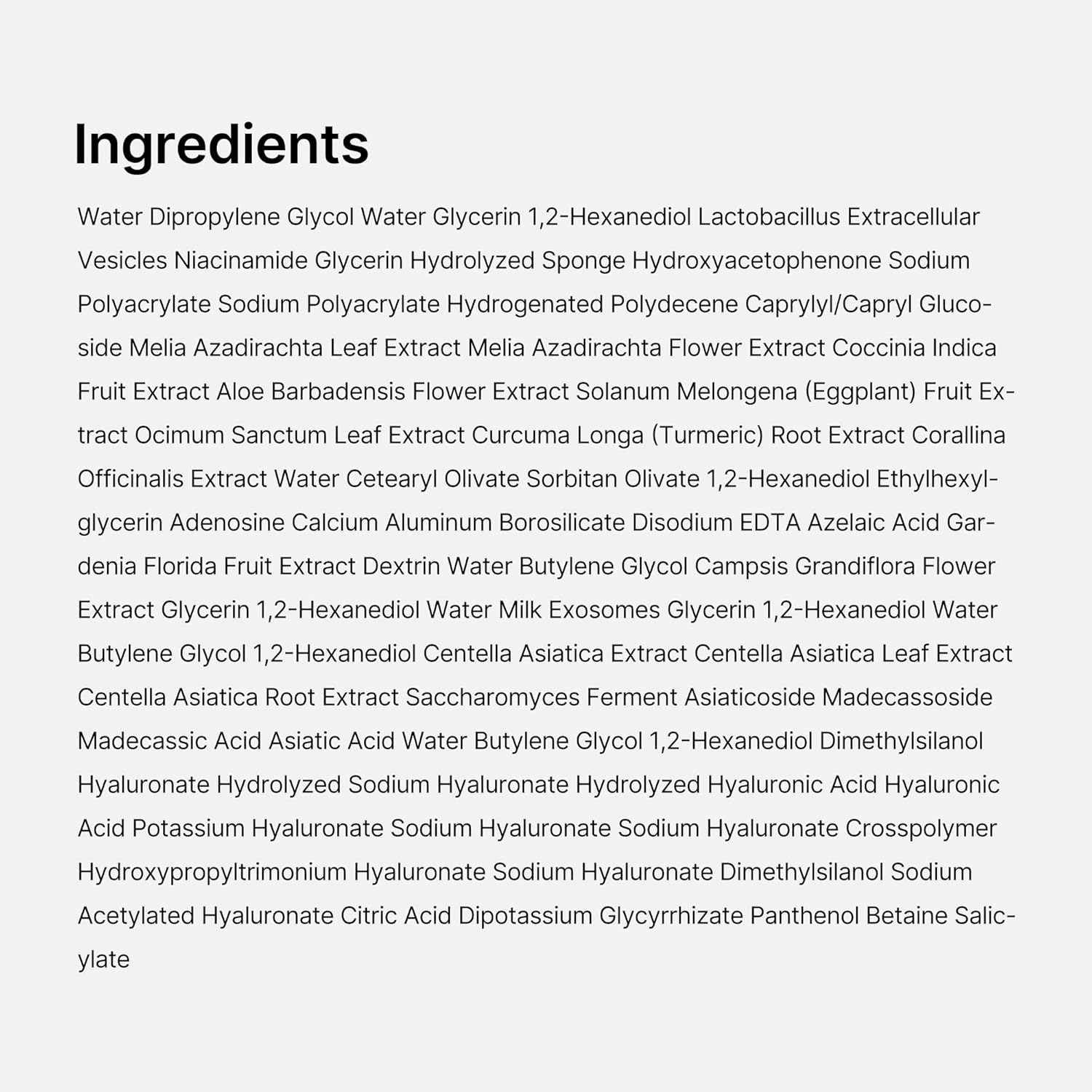 List of ingredients on a white background of medicube products