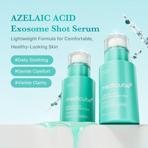 Two bottles of Medicube Azelaic Acid Exosome Shot Serum on a light blue background