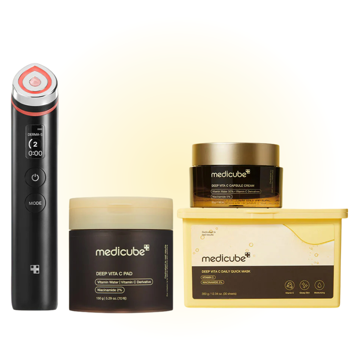 Medicube AGE-R Spotless Radiance Set featuring device, pads, mask and capsule cream.