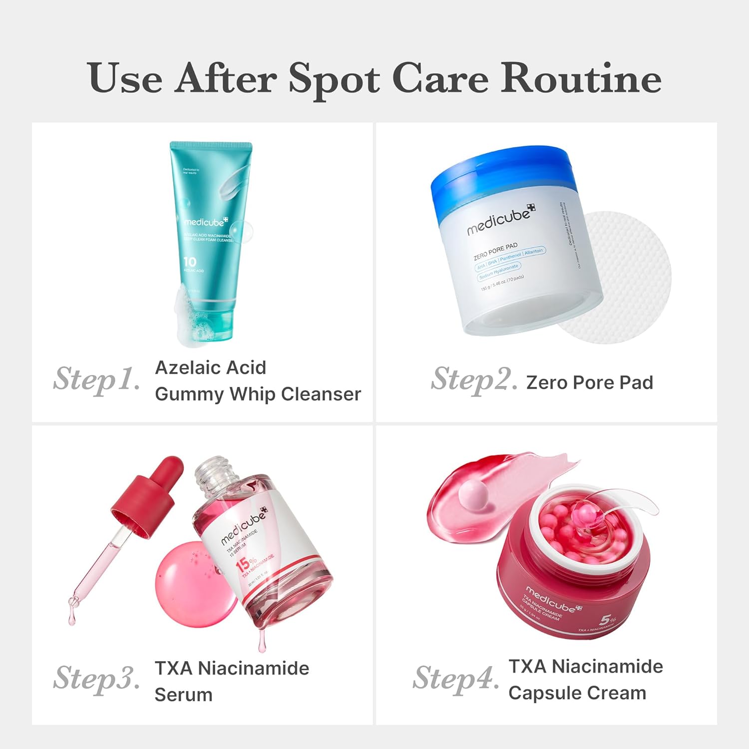Cosmetic products for a spot care routine with step-by-step instructions.