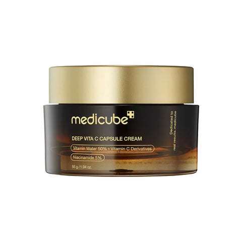 Medicube Deep Vita C Capsule Cream jar with gold lid on a white background