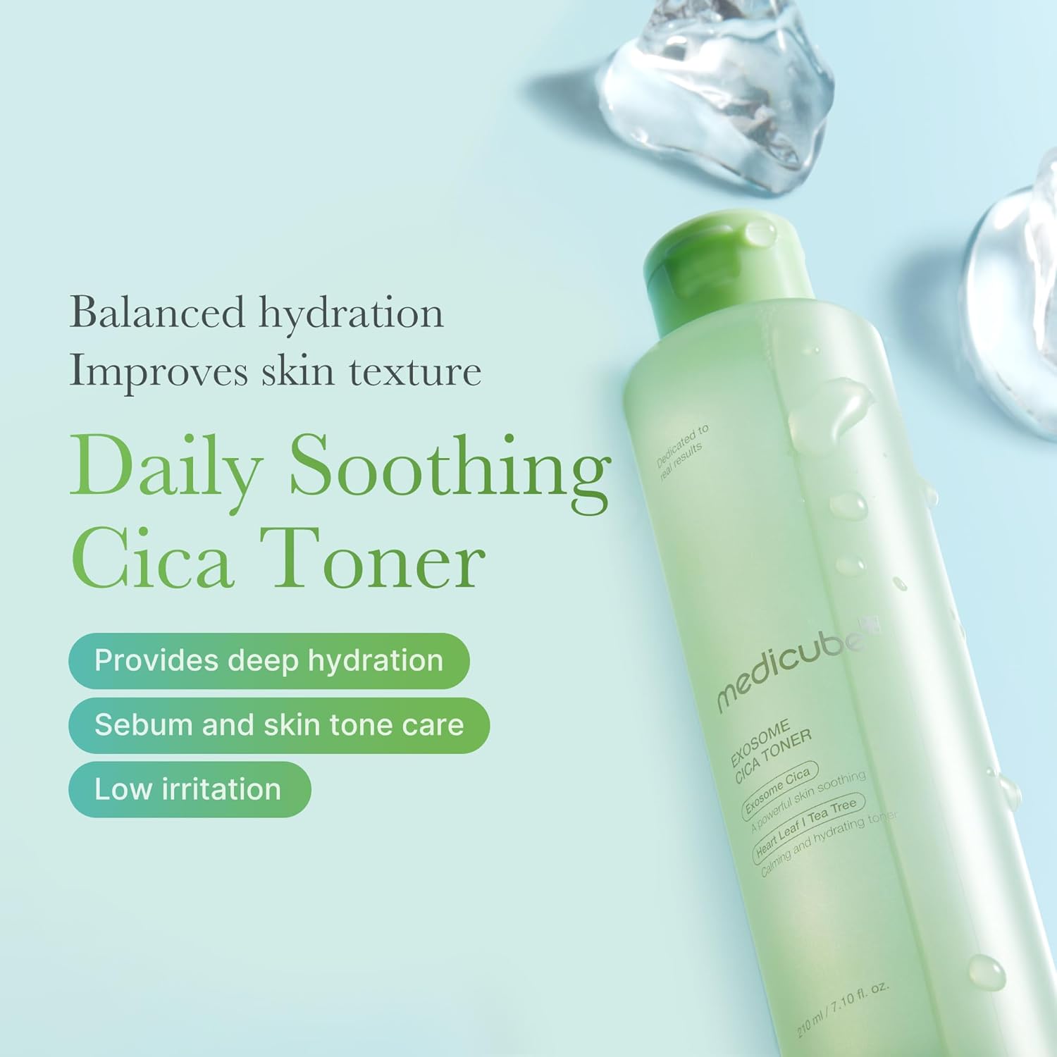 Green bottle of Daily Soothing Cica Toner with text on a light blue background