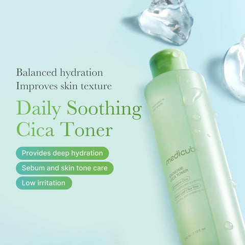 Green bottle of Daily Soothing Cica Toner with text on a light blue background