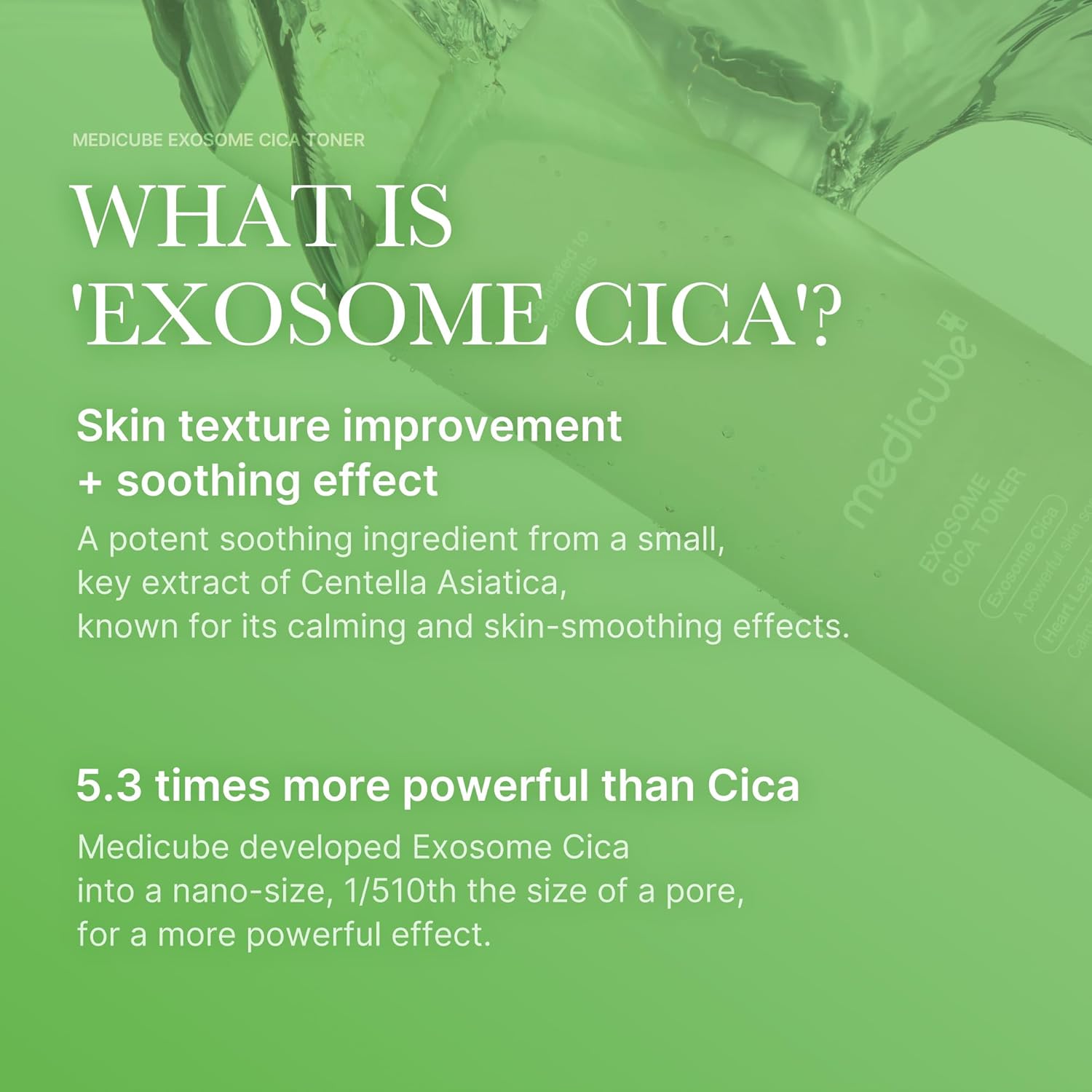 Promotional graphic about Exosome Cica with text and product image on a green background