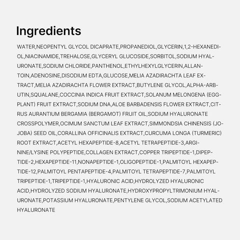 List of serum ingredients on a white background