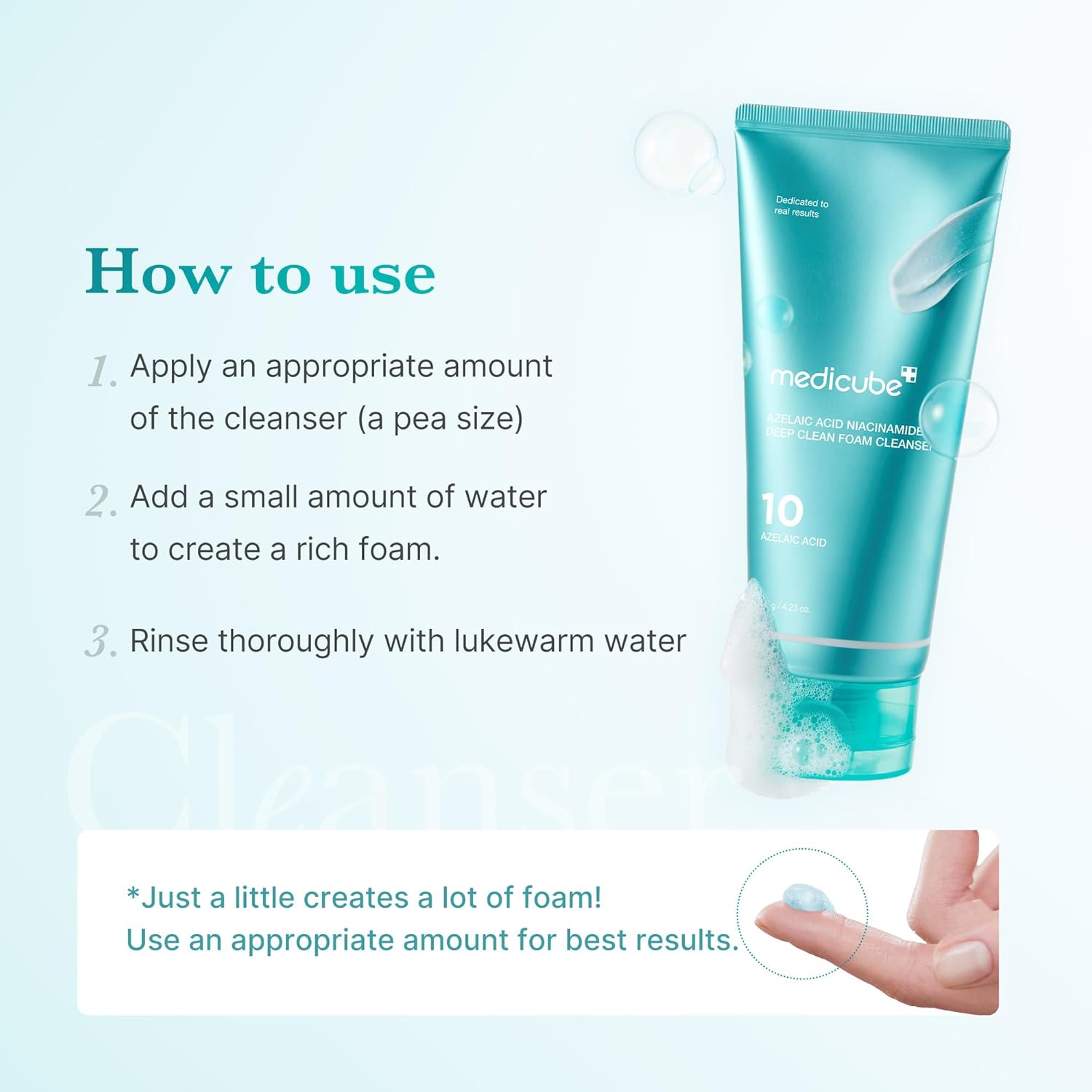 Tube of Medicube cleanser with usage instructions on a light blue background