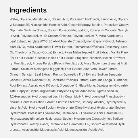 List of ingredients of Medicube skincare on a white background