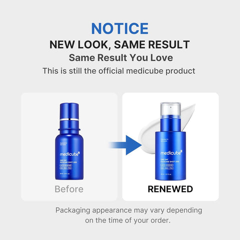 Comparison of Medicube product packaging before and after a renewal, with text indicating 'New Look, Same Result' by Nouraskincare