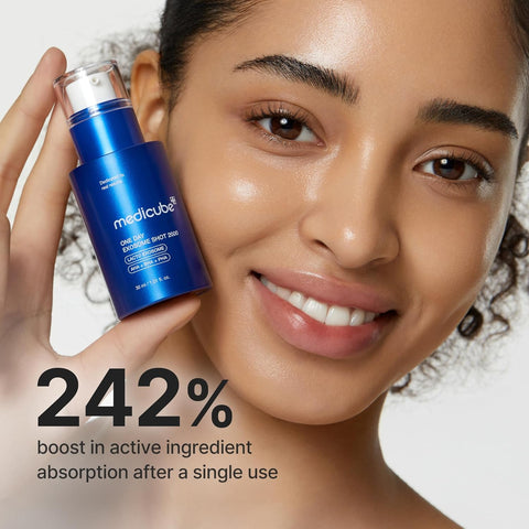 Woman holding a blue skincare product with text about active ingredient absorption by nouraskincare