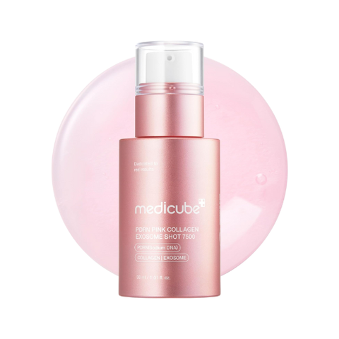 Pink skincare bottle with 'medicube' branding on a white background
