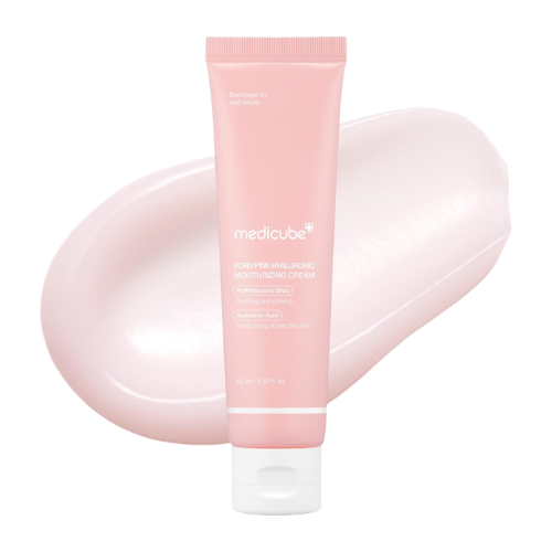 Pink tube of Medicube cream on a white background