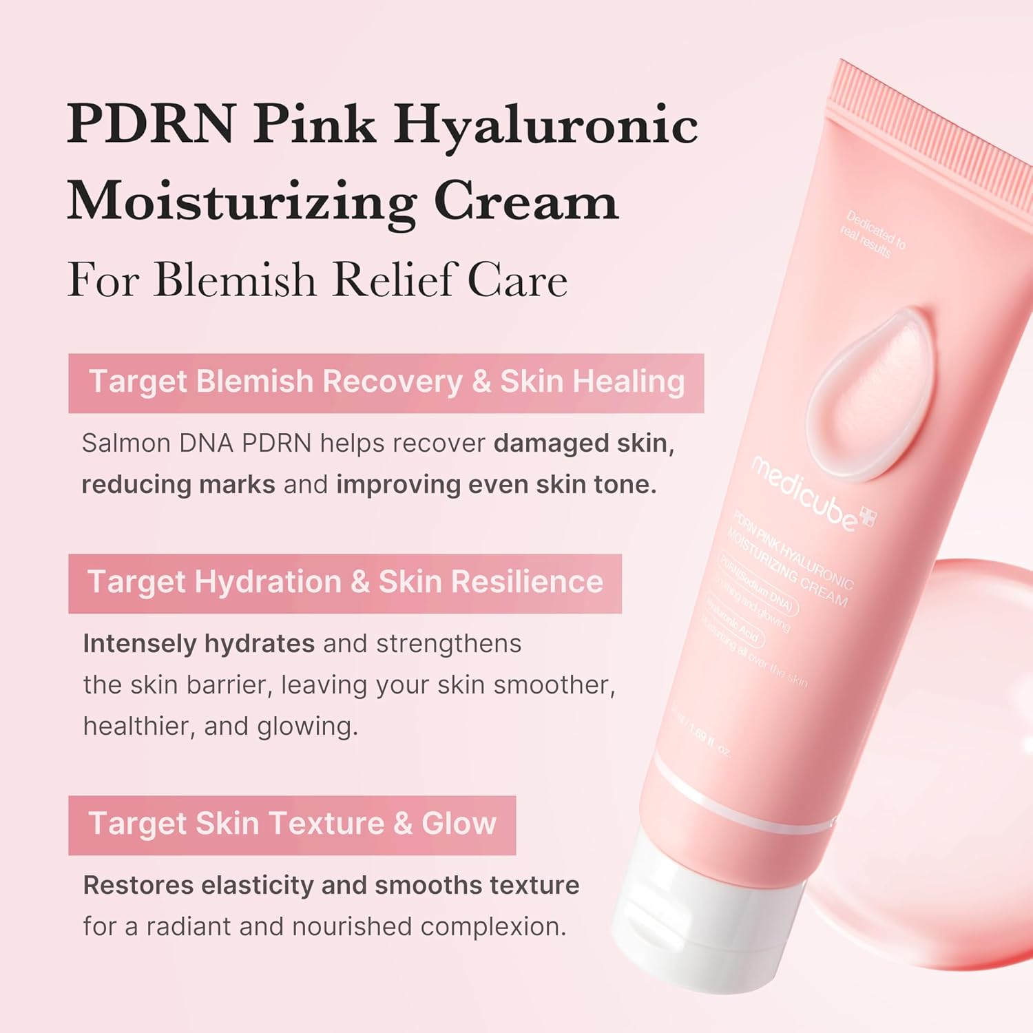 PDRN Pink Hyaluronic Moisturizing Cream with product and benefits on a light pink background