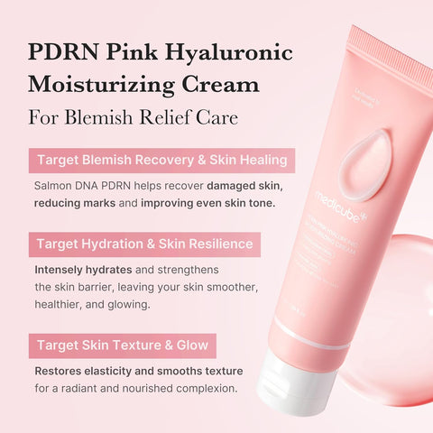 PDRN Pink Hyaluronic Moisturizing Cream with product and benefits on a light pink background