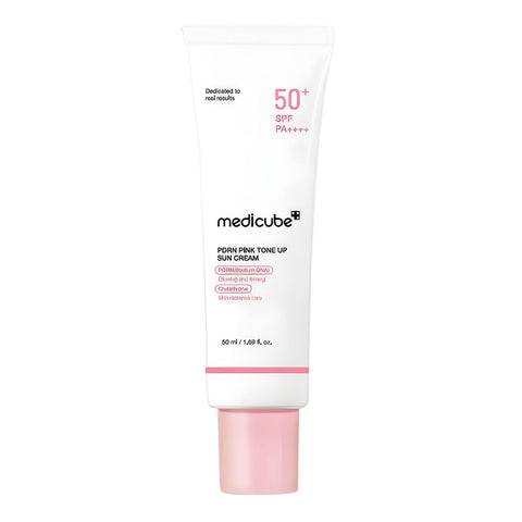 Medicube PDRN Pink Tone Up Sun Cream tube for dull skin