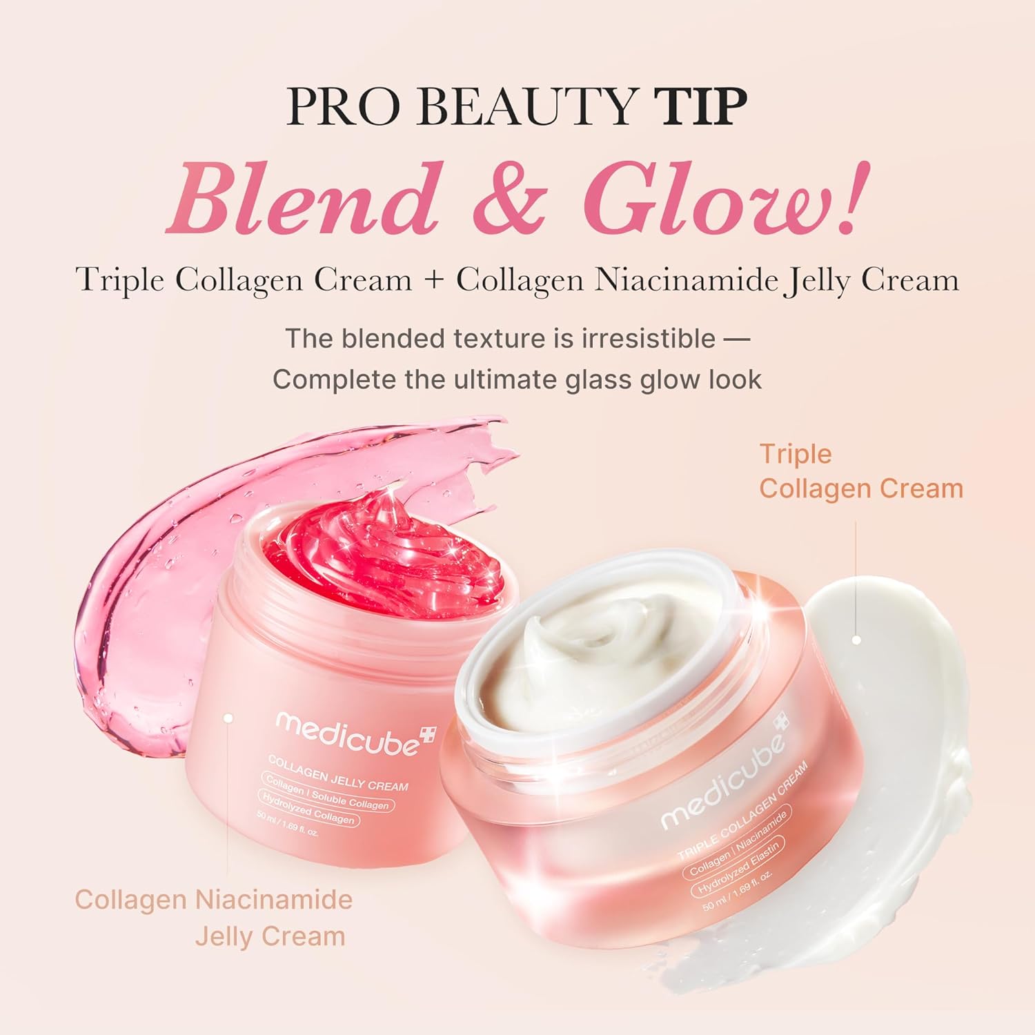 Two jars of Medicube cream with text about a 'Pro Beauty Tip' on a light pink background.