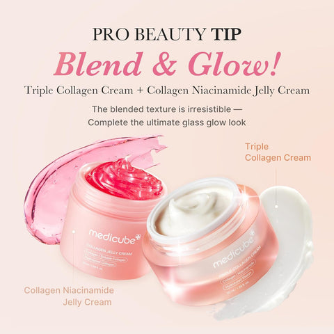 Two jars of Medicube cream with text about a 'Pro Beauty Tip' on a light pink background.
