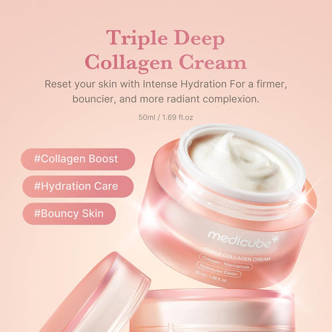 Triple Deep Collagen Cream jar with text on a pink background