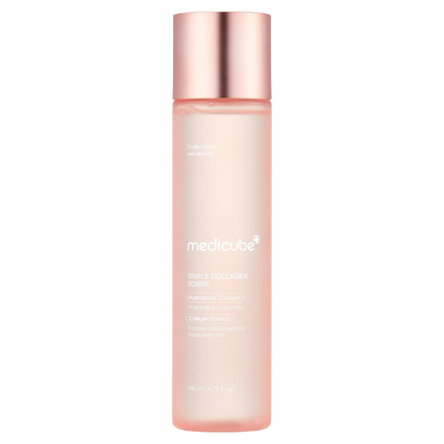Skincare bottle with rose gold cap and pink body on a white background