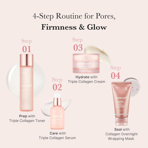 Cosmetic products for a 4-step skincare routine on a light background